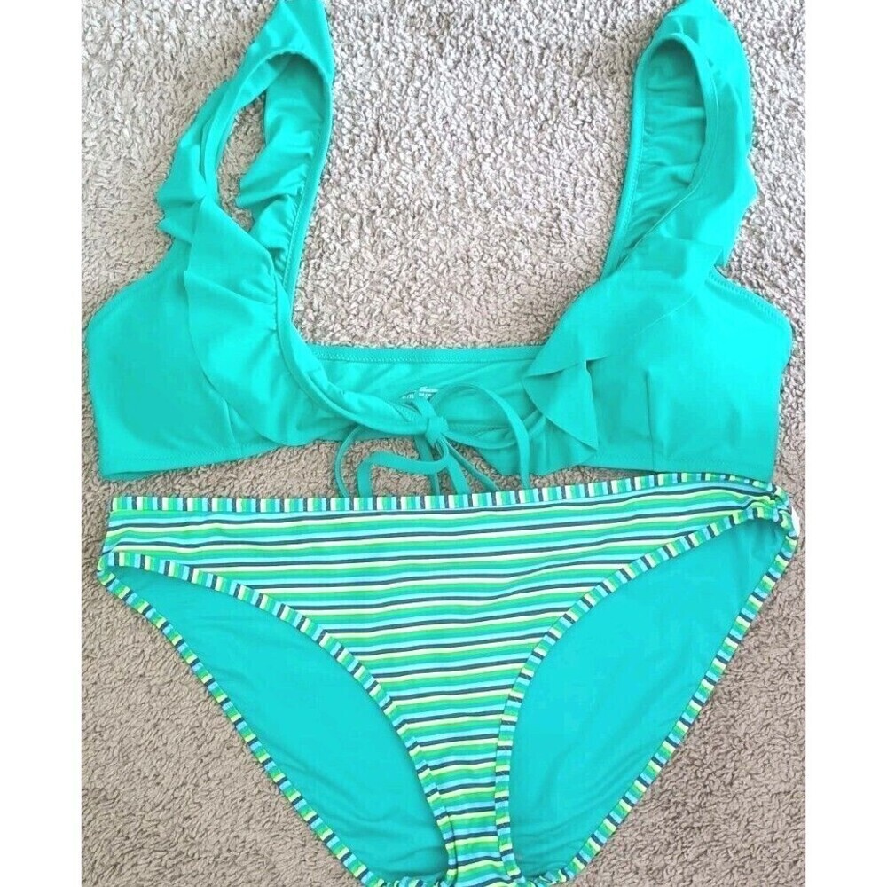 Aerie Two Piece Bikini Set Size XL Ruffle Wrap Triangle Top Bikini Bottom Green